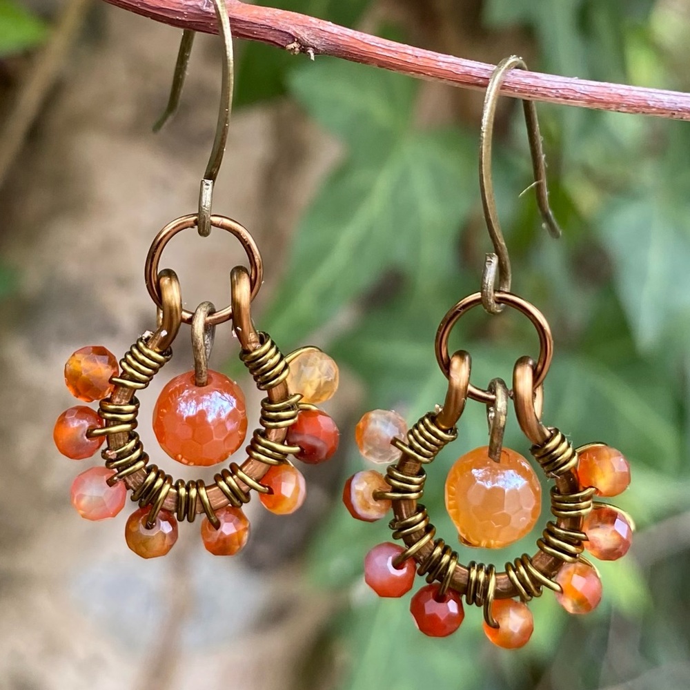 Handcrafted Carnelian Beaded Hoop Earrings